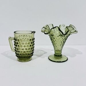 Vintage Fenton Olive Green Depression Glass Hobnail Minis Vase &‎ Creamer - Read